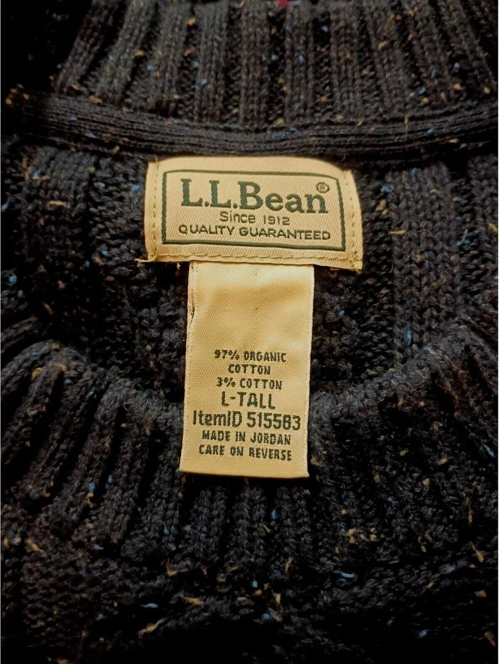 LL Bean Mens L-Tall Heritage Soft Organic  Cotton Fisherman Sweater Cable Knit